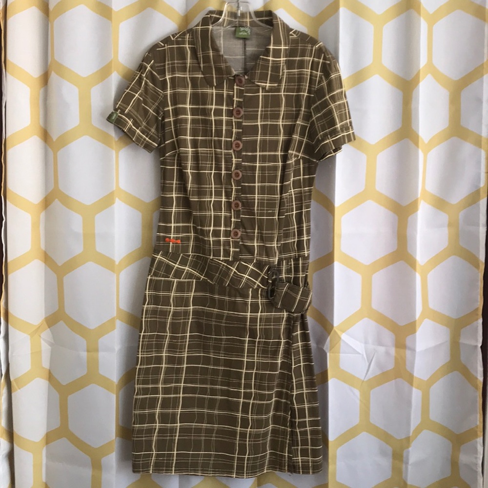 90s Brown and Cream Belted Drop Waist Shirt Dress